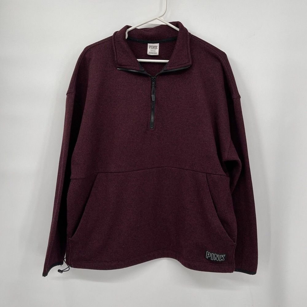 PINK Size Large Pullover Womenโ Burgundy Quarter Zip Fleece Mock Neck Toggle Hem